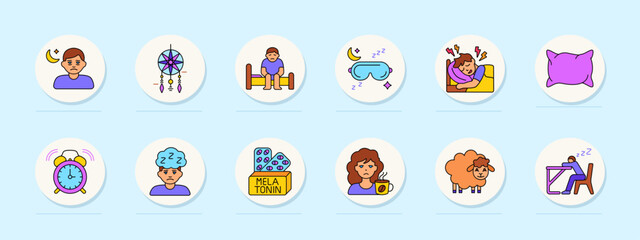 Sleep aid set icon. Night sadness, dreamcatcher, tiredness, sleeping mask, nightmares, pillow, alarm, sleep disorder, melatonin, herbal tea, sheep, desk nap.