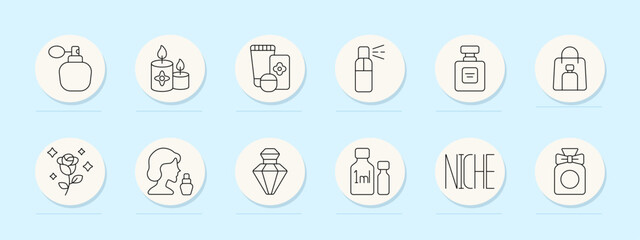 Perfumery set icon. Atomizer, candles, body care, spray bottle, perfume flask, gift bag, rose flower, face, crystal bottle, sample vials, fragrance label, elegant packaging.