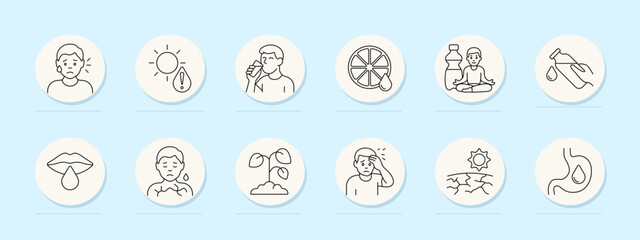 Dehydration set icon. Dry face, sun danger, thirst, drinking water, citrus hydration, meditation, dry lips, skin, wilted plant, dizziness, dry ground, fluid loss.