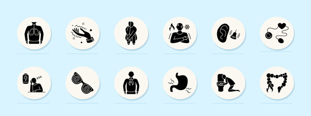 Digestive health set icon. Chest pain, hand skin, urge, cold hot sensation, ear, tonometer, tiredness, dizzy glasses, acid reflux, nausea, intestine burn.