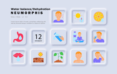 Dehydration color set icon. Water loss, hot sun, dry plant, thirst, dry skin, sweating, citrus, tired face, hydration drink, yoga, cracked surface.