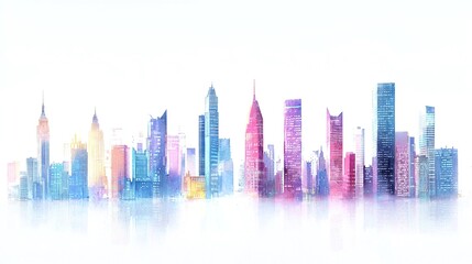 Watercolor City Skyline at Dawn with Pastel Colors