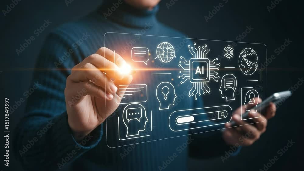 Poster Person interacting with ai interface on transparent screen with phone in hand close up view