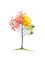 Watercolor Illustration of a Tree Showing Four Seasons