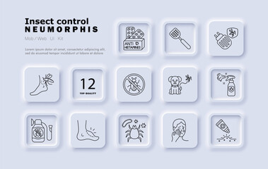 Insect control set icon. Bite, fly swatter, antihistamine pills, electric trap, bug repellent, spray, sting reaction, irritated skin, rash, allergy, dog protection.