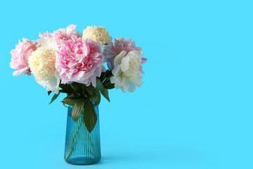 Glass vase with beautiful peony flowers on blue background