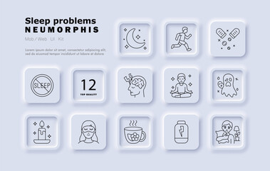 Sleep problems set icon. Moon, no sleep, ghost nightmare, tea cup, tired person, energy drink, meditation, candle, stress head, pills, insomnia, bedtime routine.