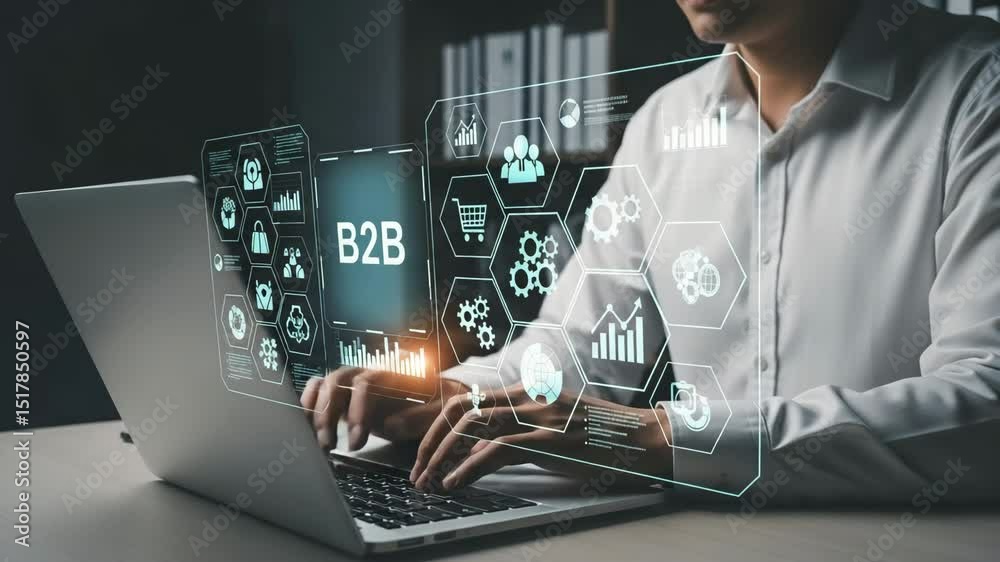 Poster person typing on laptop with b2b interface and icons floating in the air in a dark office space