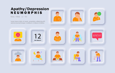 Fototapeta premium Apathy set icon. Masked emotions, sadness, fatigue, night sleep, cloud tears, poor appetite, speech bubble, isolation, exhaustion, low motivation, sitting figure.