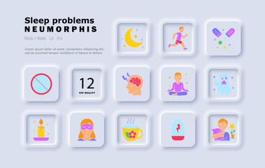 Sleep problems set icon. Night moon, running man, insomnia sign, candle, herbal tea, headache, nightmare, meditation, brain stress, sleepy woman, energy bottle.