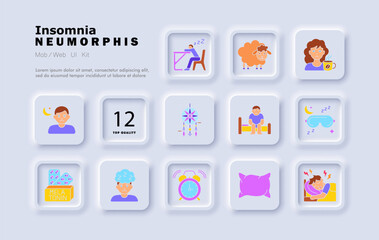 Insomnia set icon. Sleepless man, bedtime, cup, mask, melatonin pills, dreamcatcher, alarm, pillow, night discomfort, tired face, restless child, fatigue expression.