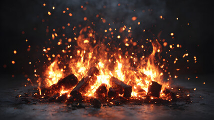 Campfire on the ground at night with sparks flying, outdoor fire scene
