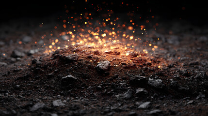 Campfire on the ground at night with sparks flying, outdoor fire scene
