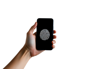 Hand holding smartphone with fingerprint scanner.