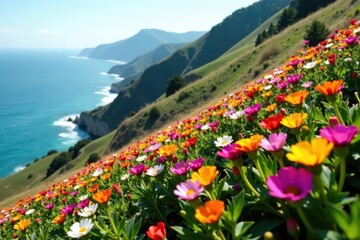 Obraz premium A tapestry of colorful wildflowers stretching up a steep California hillside, hills, hillside, california