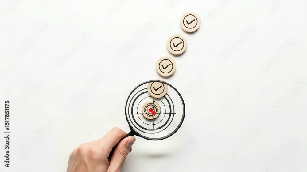 Aufkleber hand holding magnifying glass over target with check mark tokens on white background view