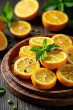 Chuzo desgranado displayed on a elegant wooden tray, surrounded by greenery and citrus slices, greenery, display