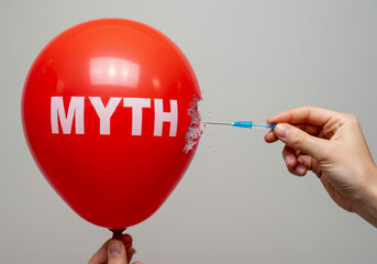 Exposing Falsehoods Conceptual Image Red Balloon Myth Popped by Syringe Truth Revelation Deception Unmasking Lies False Beliefs