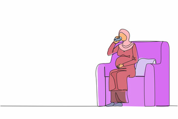 Single one line drawing Arabian pregnant woman drinking water sitting on sofa. Expectant lady have rest at home with glass. Pregnancy, healthcare, thirst concept. Continuous line design graphic vector