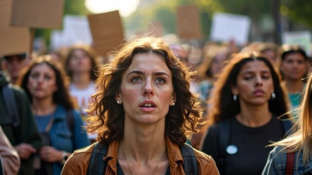 A close-up of a crowd of protesters marching forward, their signs and faces a blur of determination. The background is a crowd street road filled with people mass.