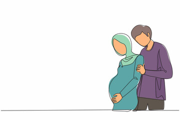 Continuous one line drawing young man carefully embraced Arabian pregnant woman. Husband and wife are expecting baby, young parents, family support. Single line draw design vector graphic illustration