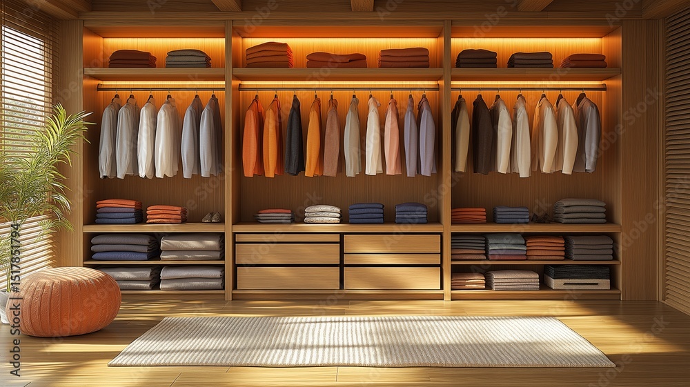 Aufkleber Neatly arranged clothing and towels highlight an inviting wardrobe design with soft lighting.