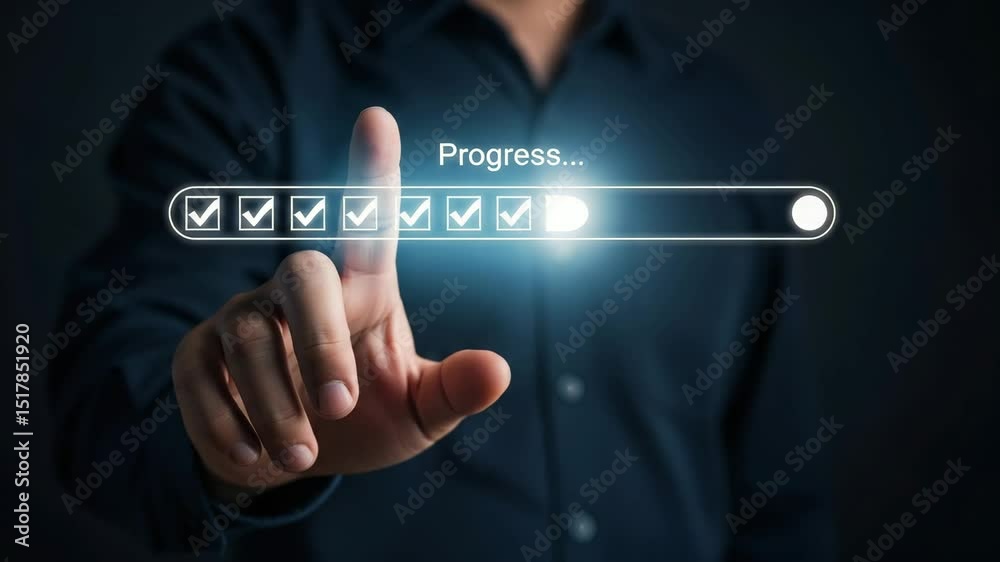 Poster A hand touching a progress bar with checkmarks on a dark background indicating completion status