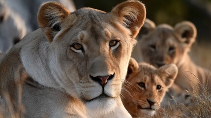 Obraz premium Close-up of a lioness resting with her cubs in the golden light of the savannah, capturing a moment of calm and protection perfect for wildlife editorials and nature storytelling visuals