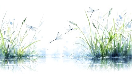 Watercolor Painting of Dragonflies and Reeds Reflecting in Calm Water
