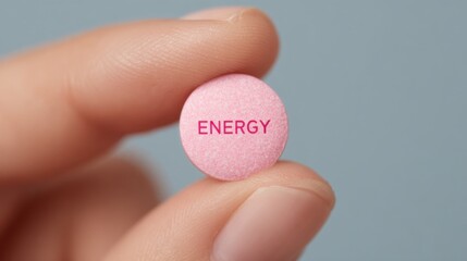 Close-up of a hand holding a pink energy pill with text against soft neutral background, representing modern supplements, vitality boosters and pharmaceutical marketing visuals