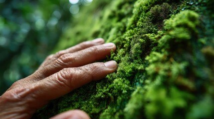 Close-up of an elderly hand touching soft green moss on a tree trunk in the forest, evoking nature connection, sensory experience and eco-awareness perfect for wellness and nature themes