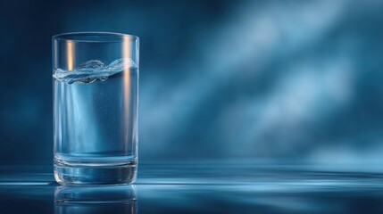 Minimalist photo of clear glass filled with still water on glossy surface with soft blue background, ideal for hydration visuals, wellness ads and clean product photography