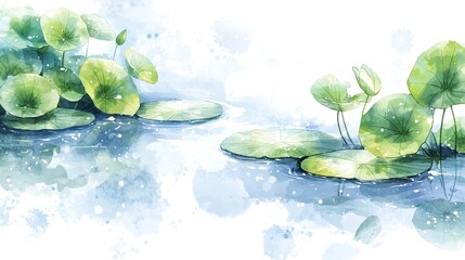 Watercolor Painting of Water Lilies Reflecting in Calm Water