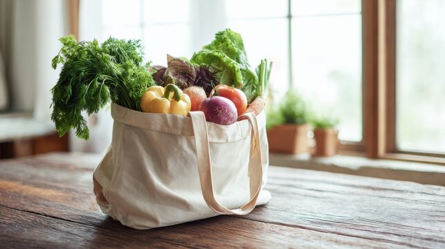 Reusable cotton grocery bag full of fresh vegetables and fruits on rustic wooden table by window perfect for eco lifestyle themes, healthy eating visuals and sustainable living promotions