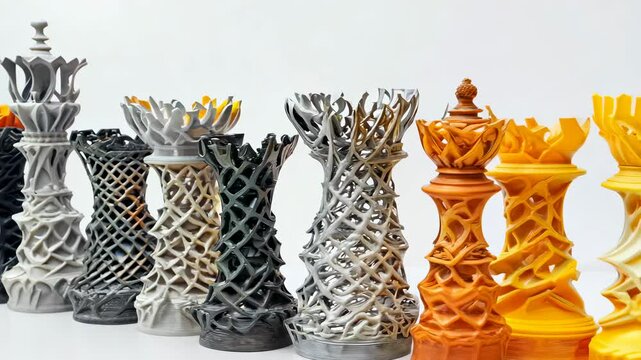 Unique 3D-printed chess pieces are lined up against a white background.