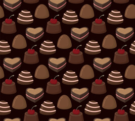 Seamless pattern with chocolate candies. Dark background of sweet treats and dessert