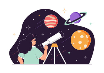 Woman is looking through a telescope at the night sky. The night sky looks like space - planets, cosmic objects and stars. Vector graphics.