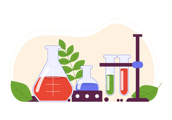 Set for chemical experiments. Glass bowls with liquids, wrinkled leaves. Science of chemistry. Vector graphics.