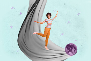 Banner 3d poster art collage of happy girl guy stand space galaxy moon planet cosmos discovery...