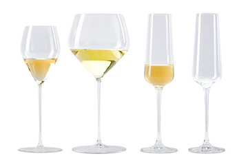 Four elegant wine and champagne glasses with varying shapes, some filled with white wine or champagne, placed on an isolated background for product display

