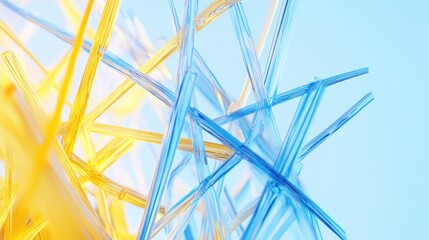 Abstract, vibrant, geometric structure of intersecting, translucent, blue and yellow shapes against a pale blue background
