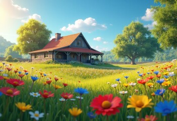 picturesque farmhouse surrounded vibrant wildflowers blossoming field colorful landscape scenic rural charm, countryside, picnic, meadow, nature, flora