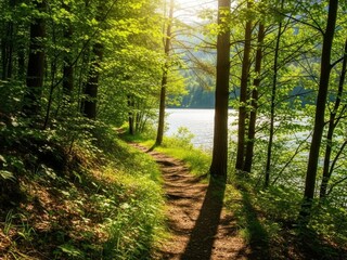 Obraz premium Sunlit forest path lakeside tranquil nature walk