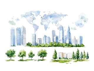 Watercolor World Map with Cityscape and Trees