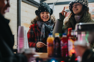 Two cheerful friends share a joyful moment at a colorful market stand, conveying warmth and...
