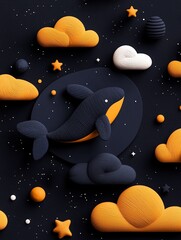 Whale Diving into a Yarn Sea:  3D Render of Black and Orange Whale Among Textured Clouds and Stars