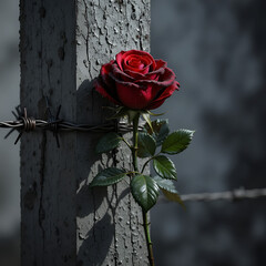 Red Rose Entwined in Barbed Wire on Weathered Concrete Post