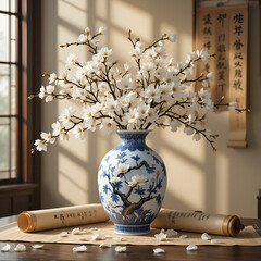 Elegant Chinese Blue Porcelain Vase with White Magnolia Blossoms