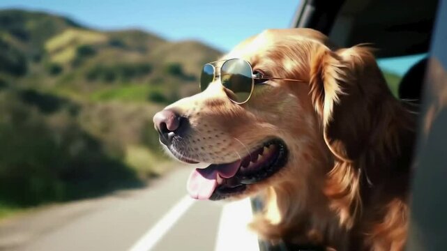 Dog wearing sunglasses on a car ride. 4k video