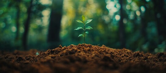 Small Green Plant Sprouting from Dark Brown Soil in a Forest Setting